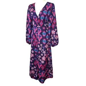 VENUS Floral Button Down V-Neck Long Sleeve Bottom Center Slit Maxi Dress